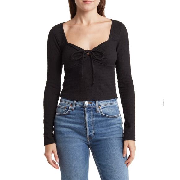 Kirious Nordstrom Top Womens M Black Tie Front Cinch Sweetheart Neck Long Sleeve - Picture 11 of 12